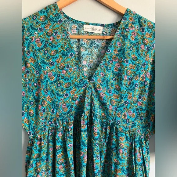 NATURAL LIFE Blue Floral Dolman Rayon V-Neck Mini Dress Size XS - Picture 3 of 10
